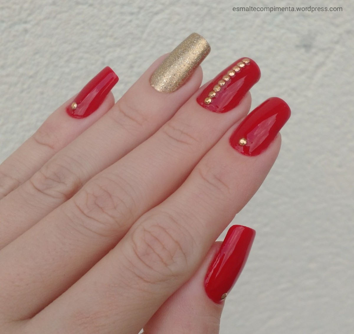 Unha Decorada Vermelho E Dourado