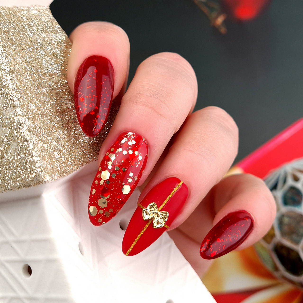 Red And Gold Decorated Nail