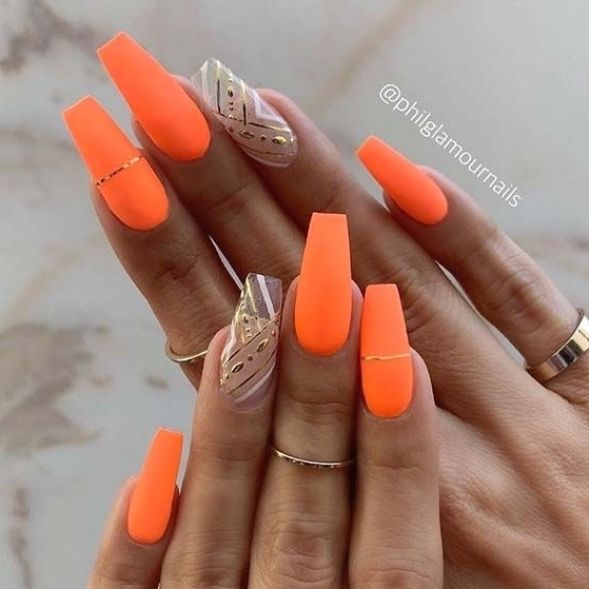 Neon Orange Decorated Nail