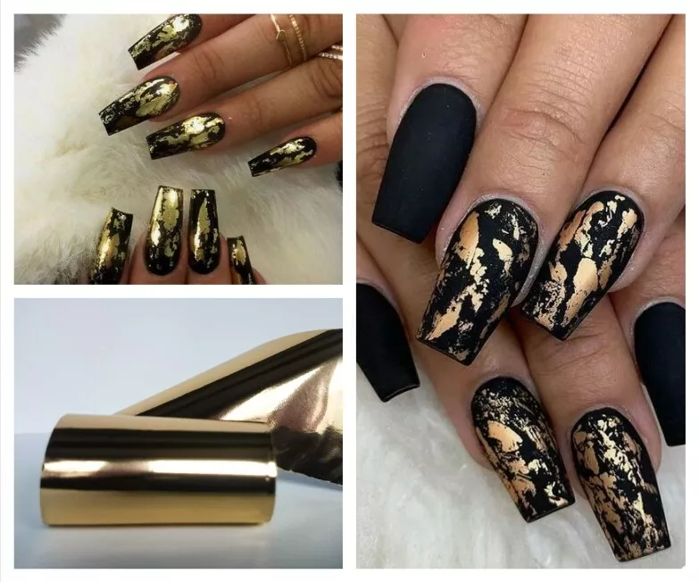 Black With Gold Decorated Nails