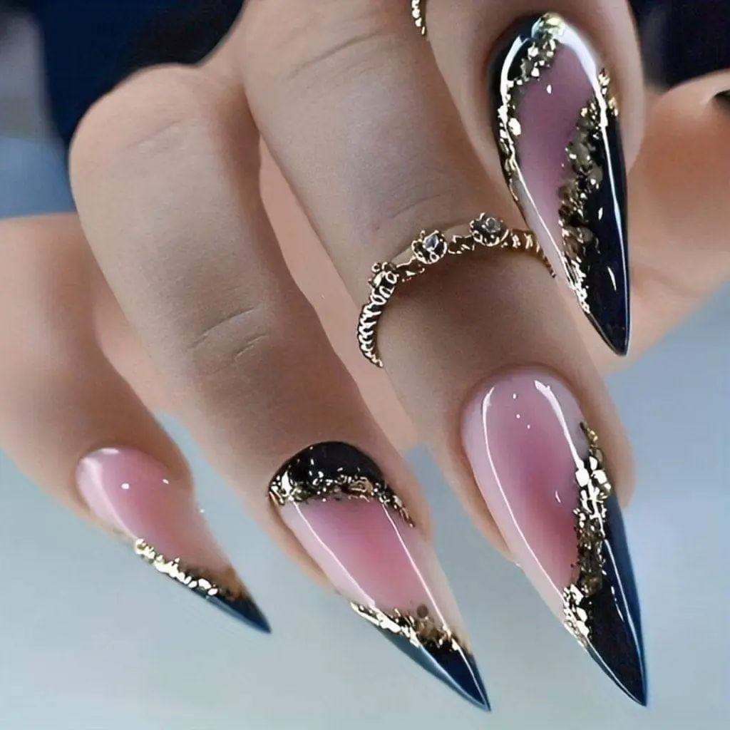 Black With Gold Decorated Nails