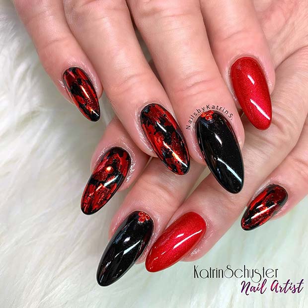 Black And Red Decorated Nails