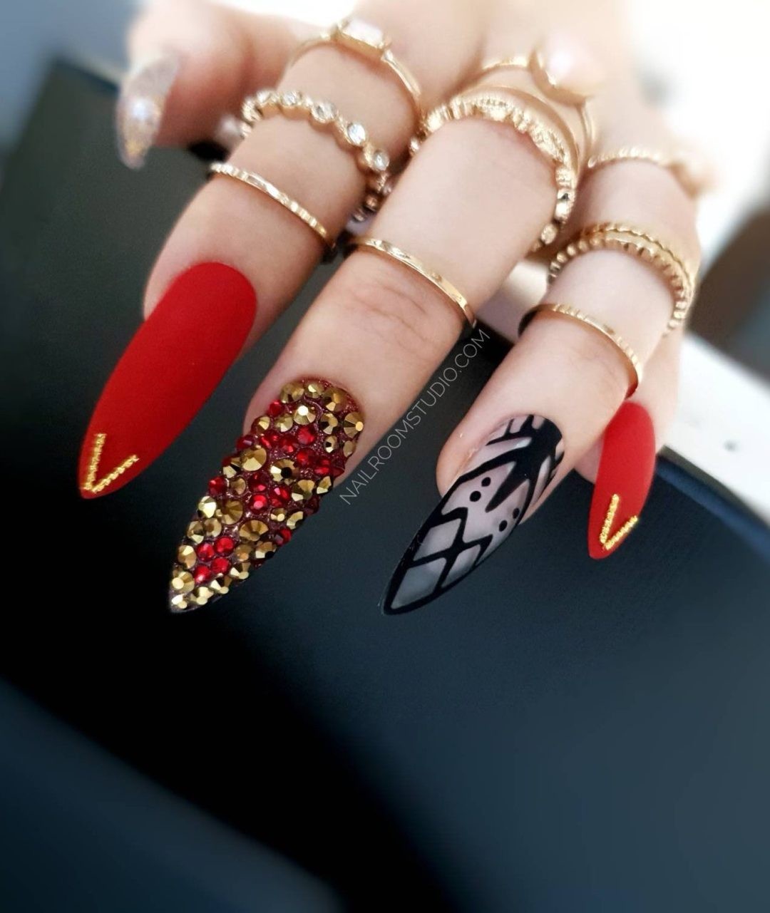 Black And Red Decorated Nails