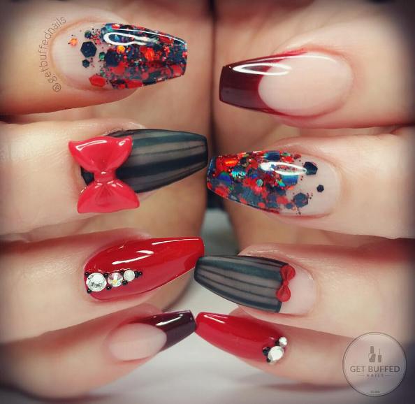 Black And Red Decorated Nails