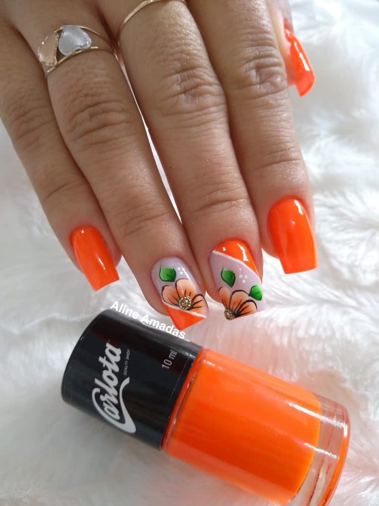 Unha Decorada Laranja Neon