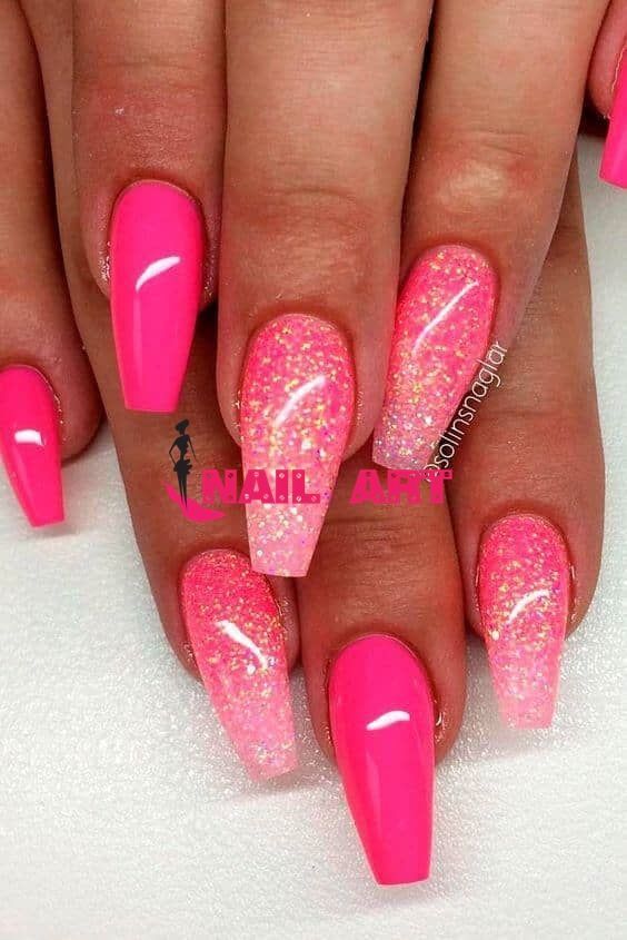 Unha Rosa Neon Glitter