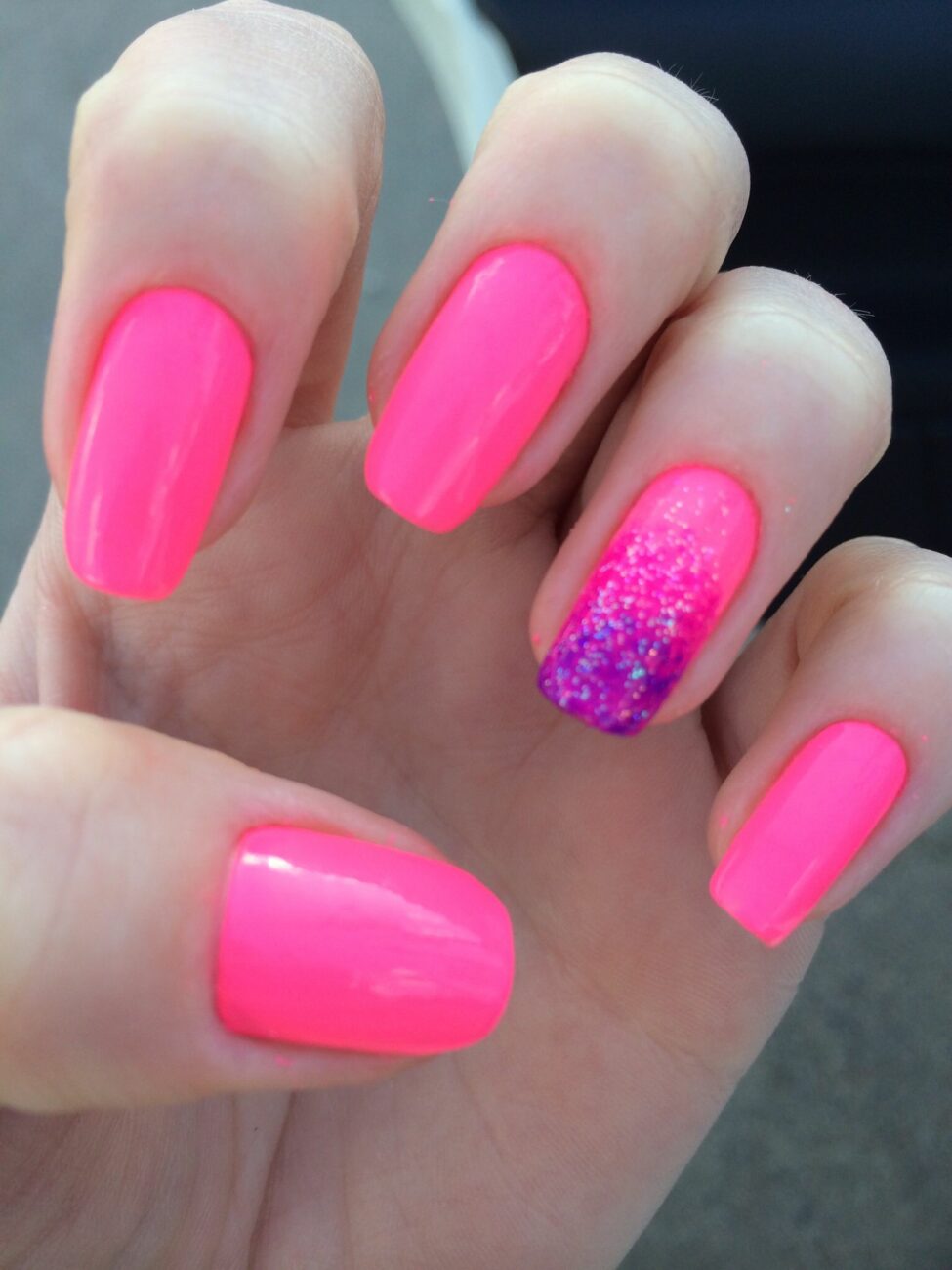 Unha Rosa Neon Glitter