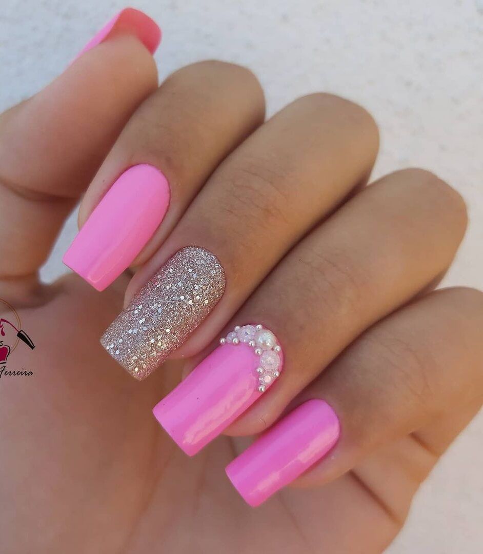 Unha Rosa Neon Glitter