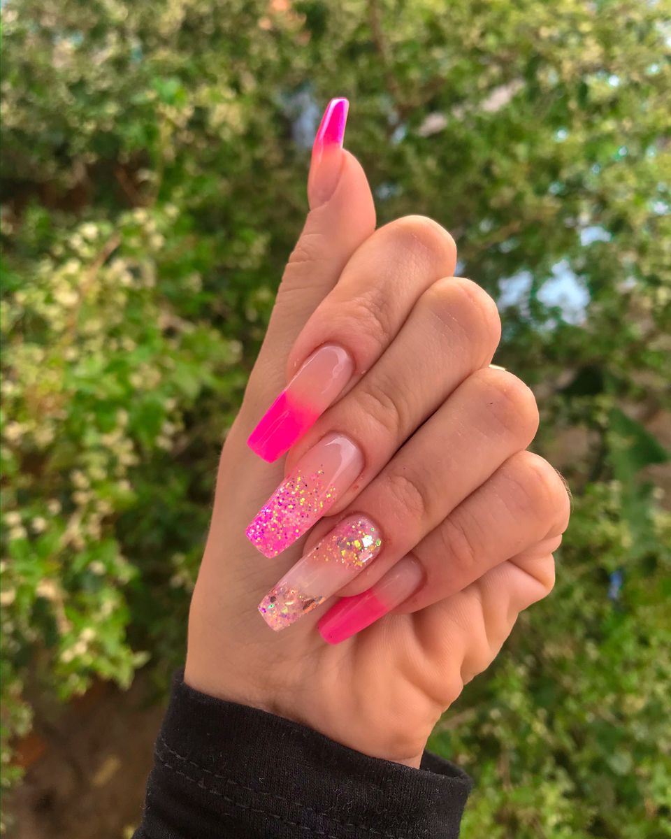 Unha Rosa Neon Glitter