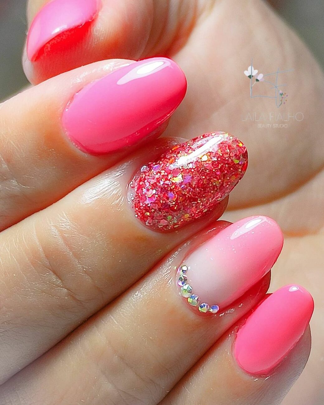 Unha Rosa Neon Glitter