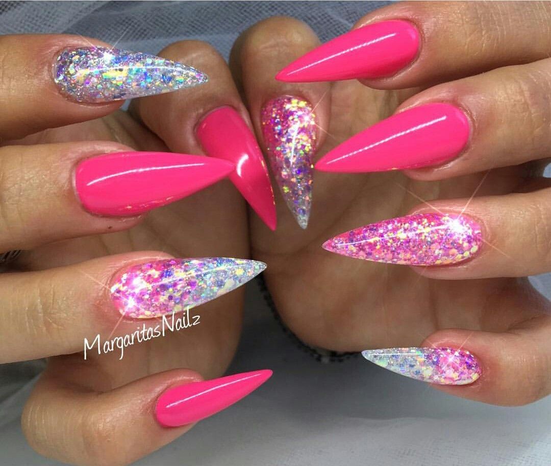 Unha Rosa Neon Glitter