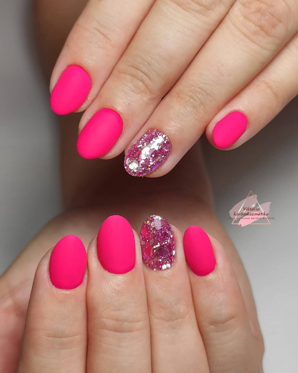 Unha Rosa Neon Glitter