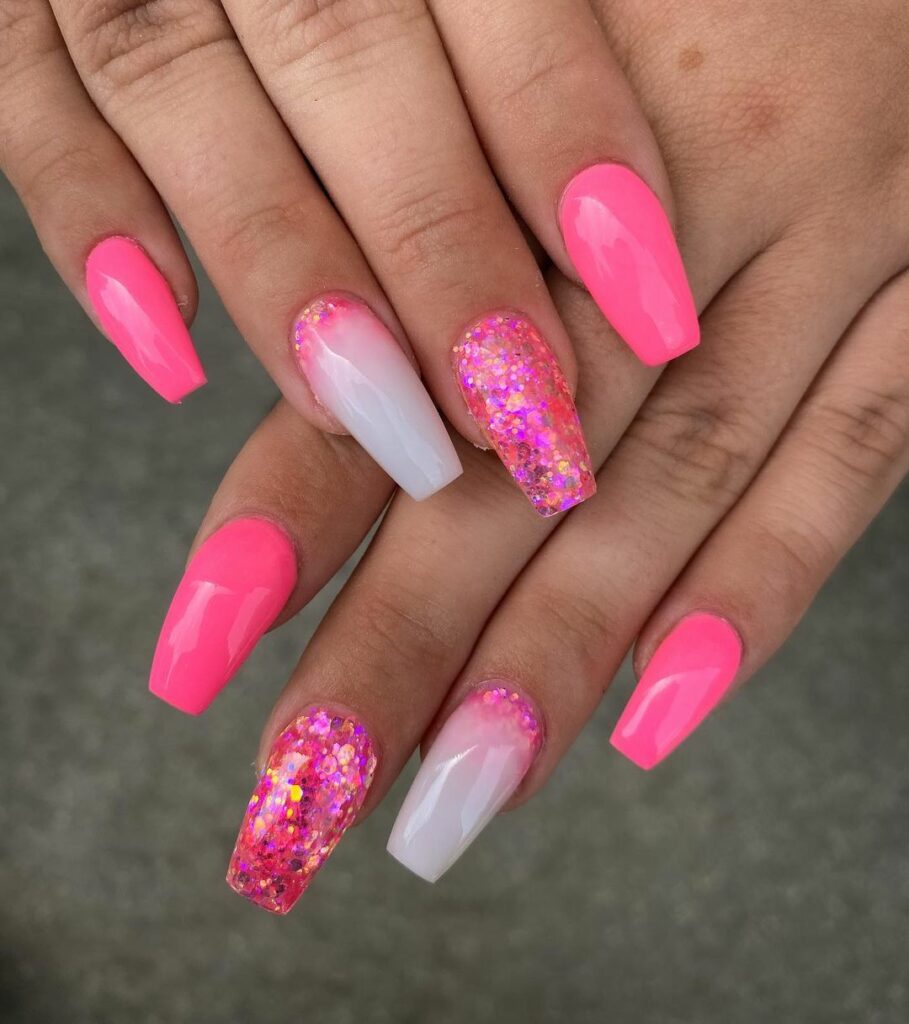 Unha Rosa Neon Glitter