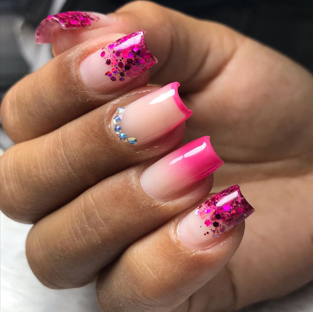 Unha Rosa Neon Glitter