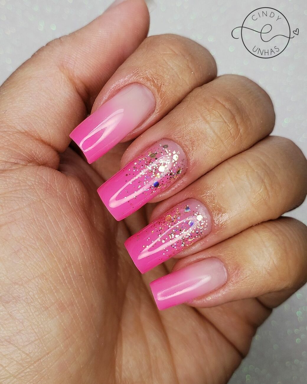 Unha Rosa Neon Glitter