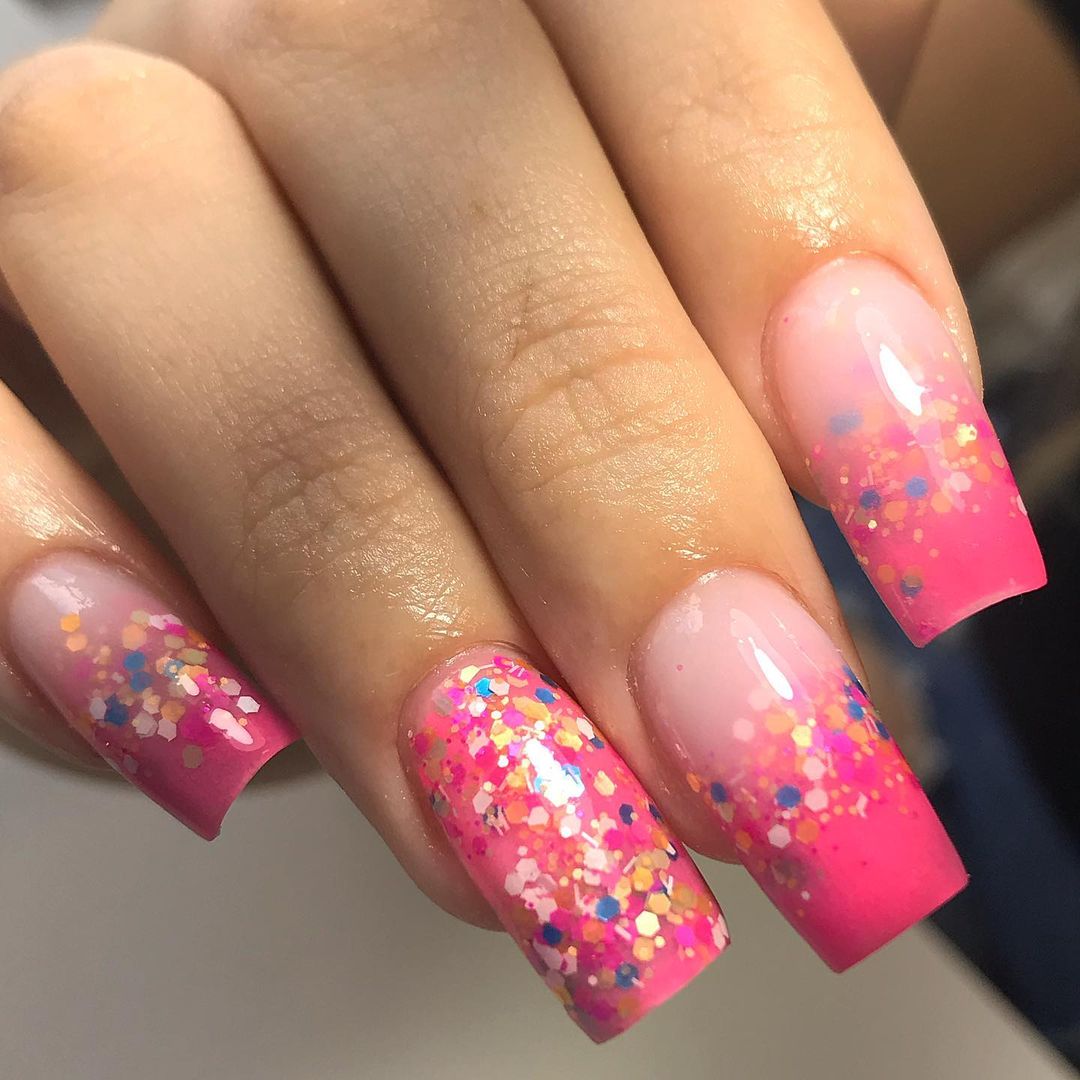 Unha Rosa Neon Glitter