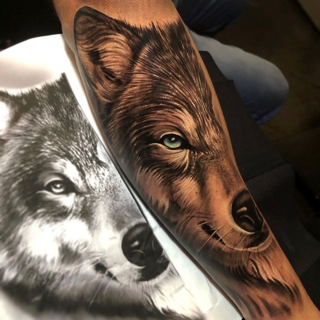 tatuagem de lobo feminina no braço