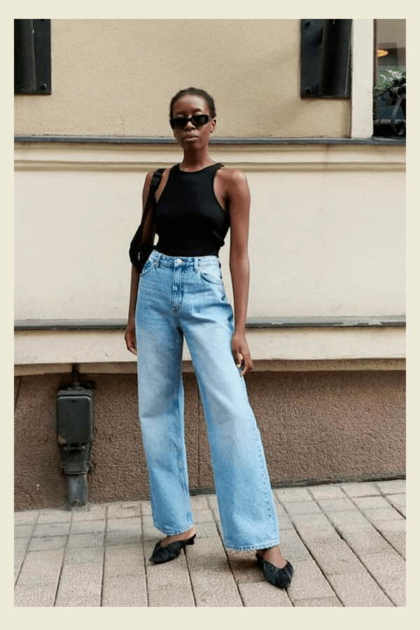 look com calça jeans wide leg