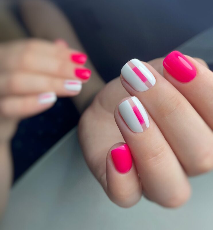 Unha Decorada Rosa E Branco